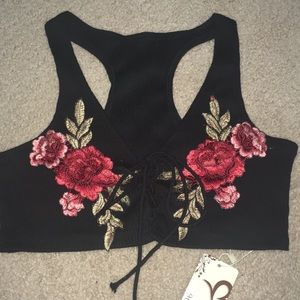 Lace up embroidered crop top